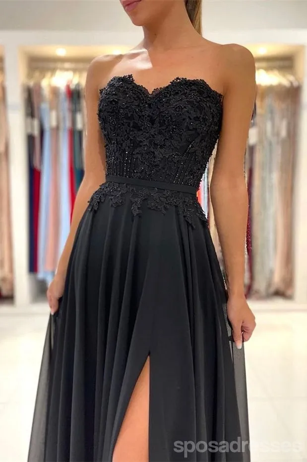 Black A-line Sweetheart High Slit Cheap Long Prom Dresses Online,12850