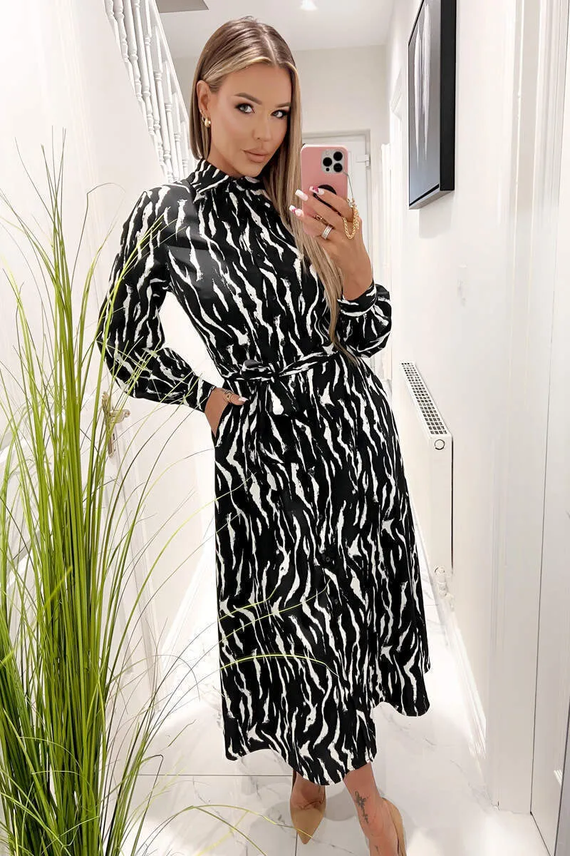 Black And White Printed Button Up Midi Shirt Dress