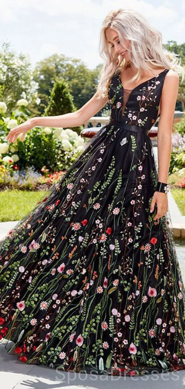 Black Embroidery V Neck Long Sexy Evening Prom Dresses, Cheap Custom Sweet 16 Dresses, 18500