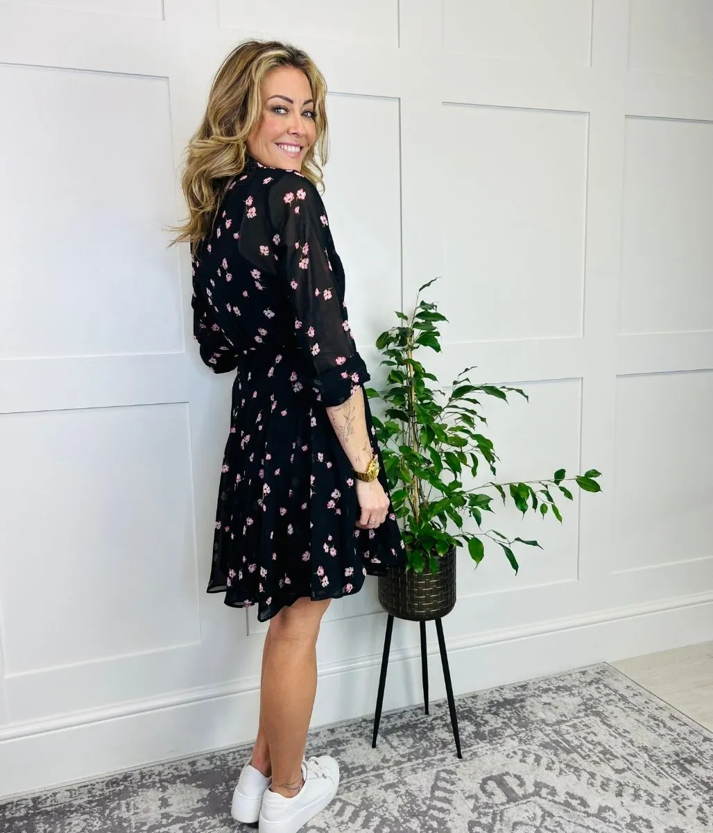 Black Flower Print Chiffon Shirt Dress