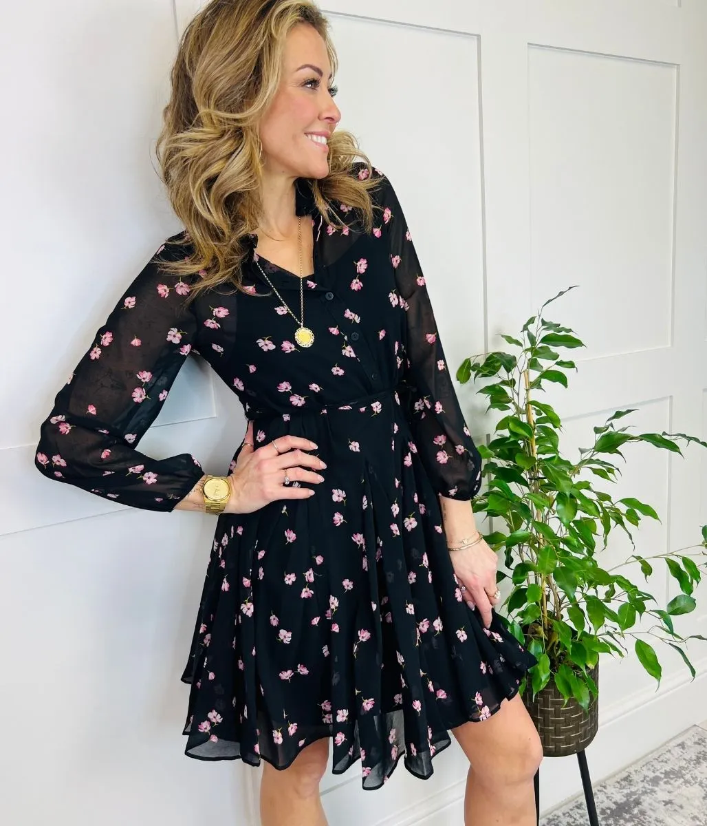 Black Flower Print Chiffon Shirt Dress