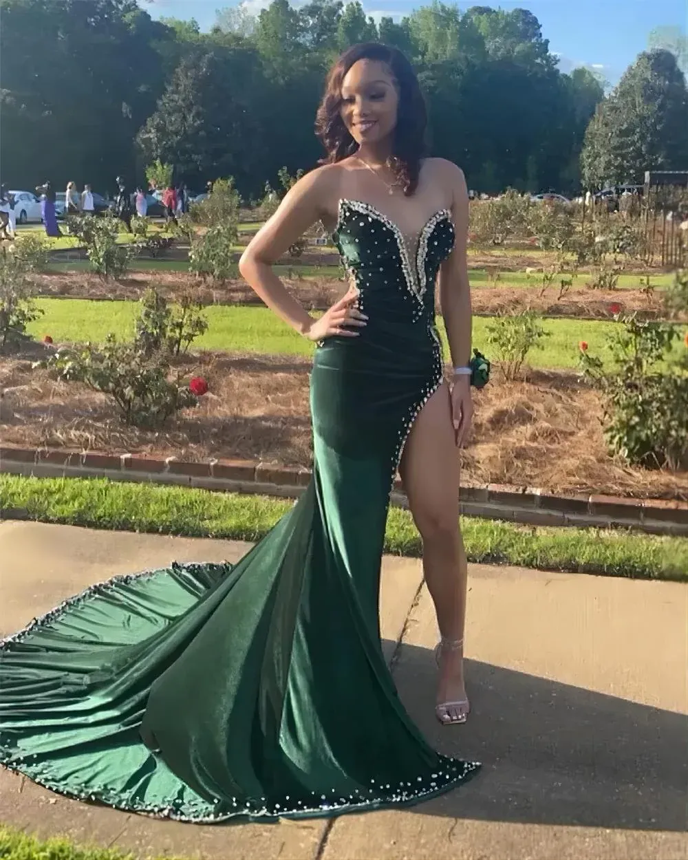 Black Girl Prom Dresses Long Mermaid Green Prom Gown With Train SH614