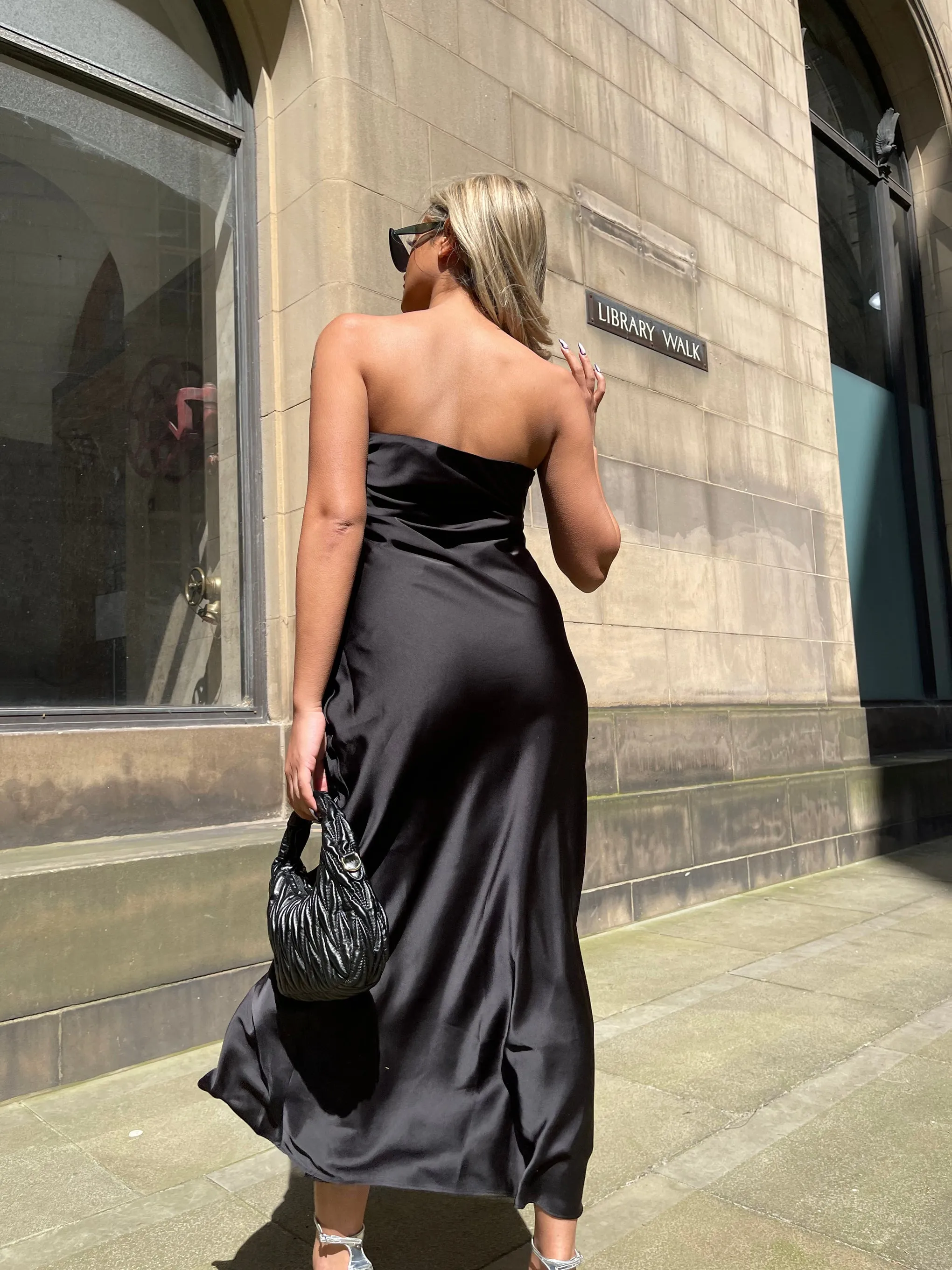 Black-Satin Bias-Cut Strapless Midaxi-Dress