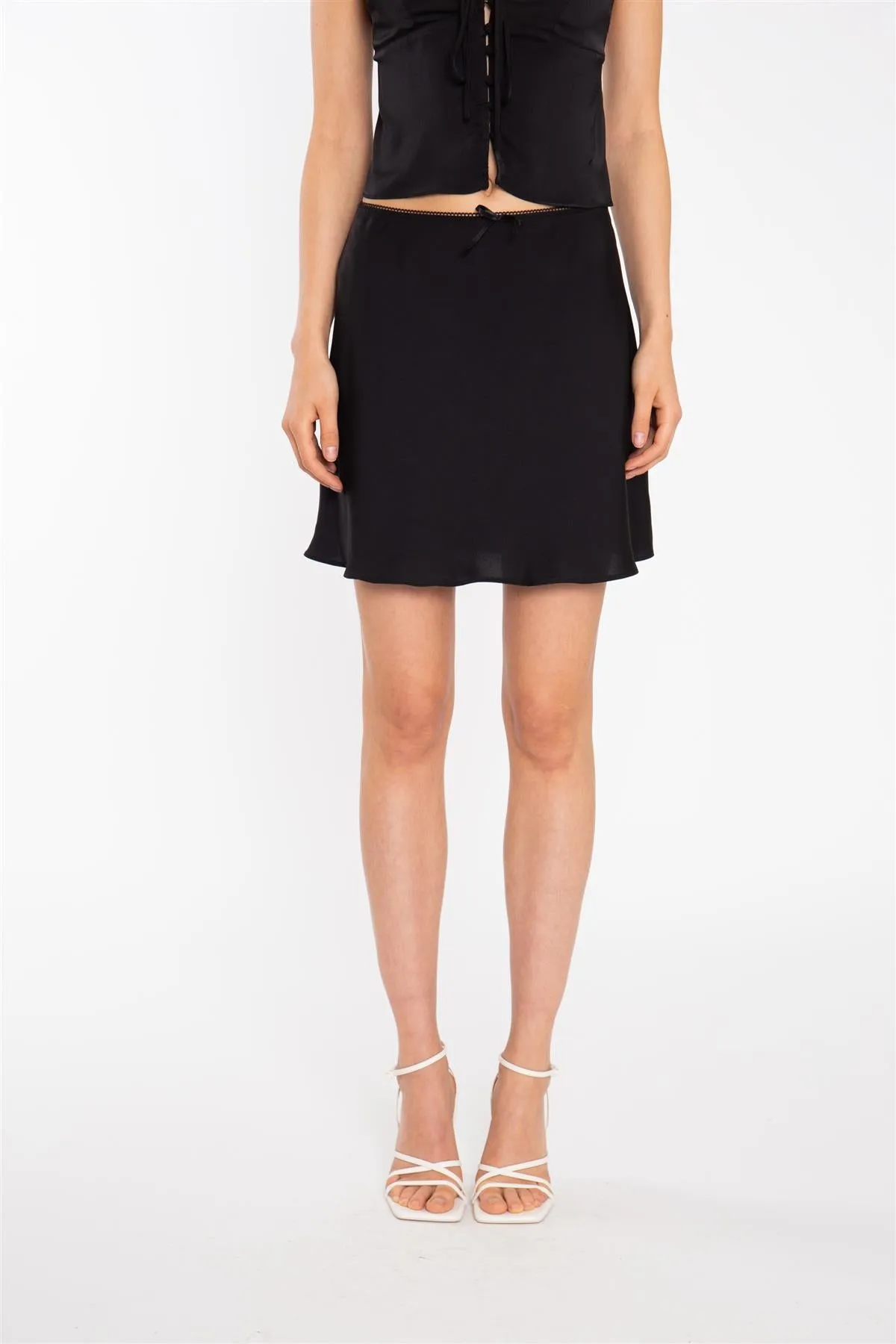 Black-Satin Bow-Trim Mini-Skirt