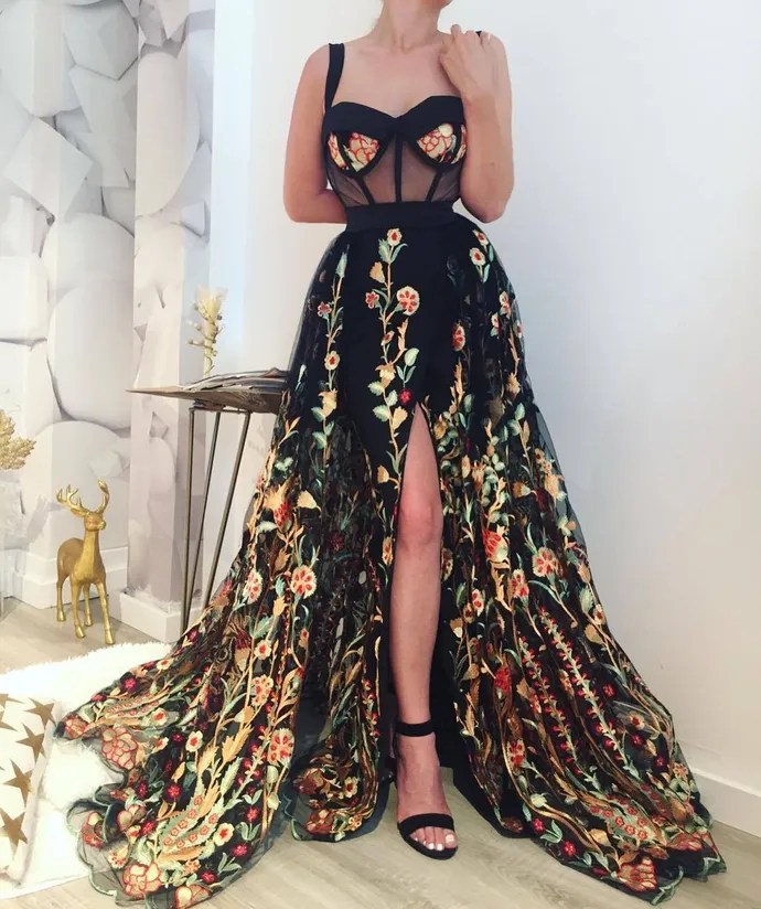 Black slit evening dress Floral Prints Prom Dresses KS6535