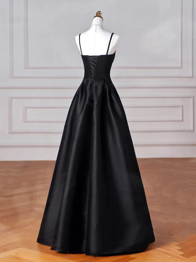 Black Spaghetti Strap Satin Long Prom Dresses, A Line Black Formal Evening Dresses