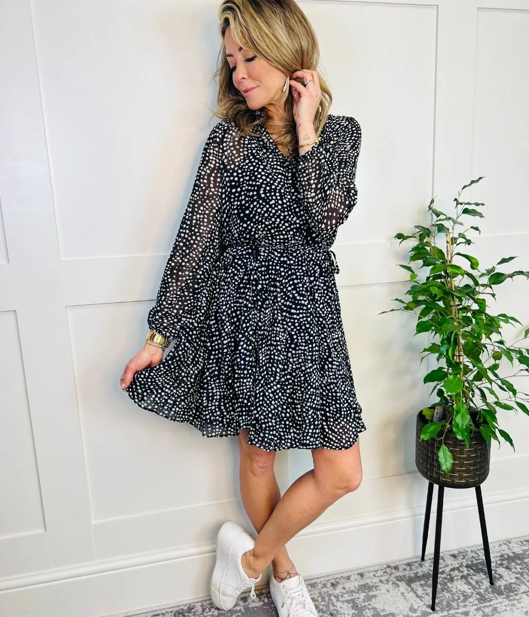 Black Spot Print Chiffon Shirt Dress