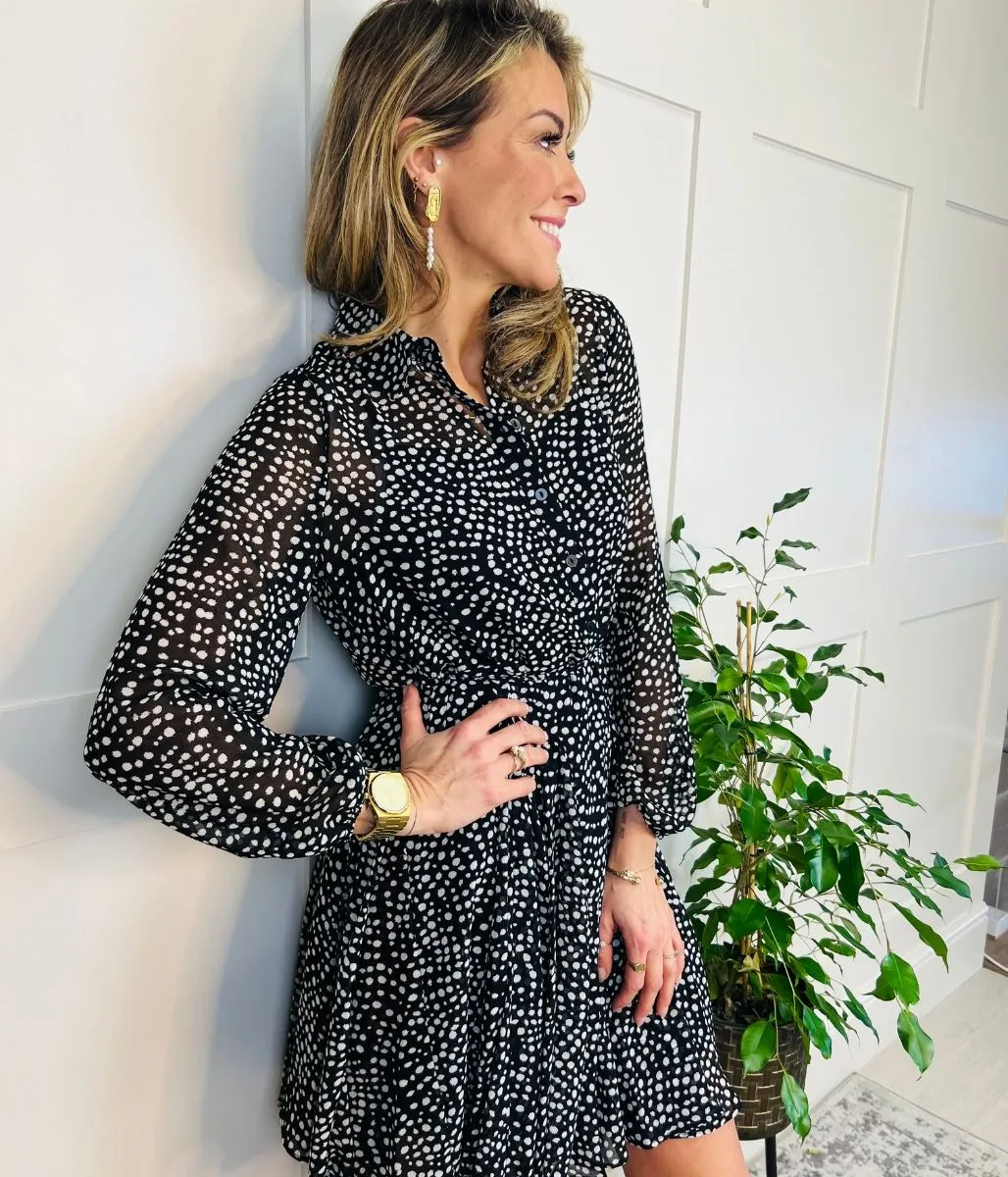 Black Spot Print Chiffon Shirt Dress