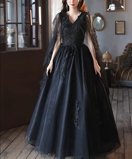 Black V neck Tulle Lace Long Prom Dresses, Elegant Formal Evening Dresses SH840