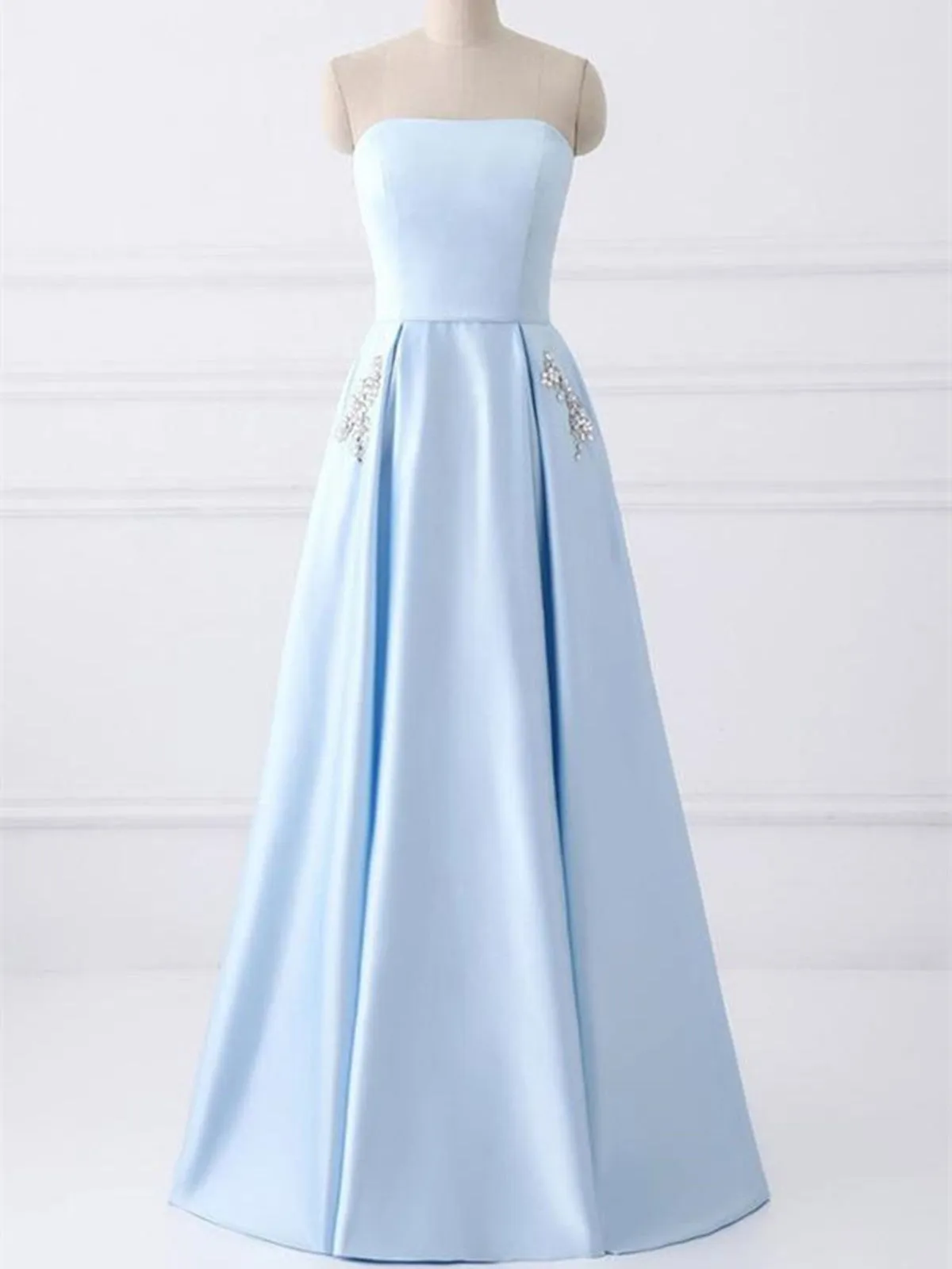 Blue  A-line Strapless Simple Long Prom Dresses with rhinestones pockets , Blue Strapless formal evening dresses