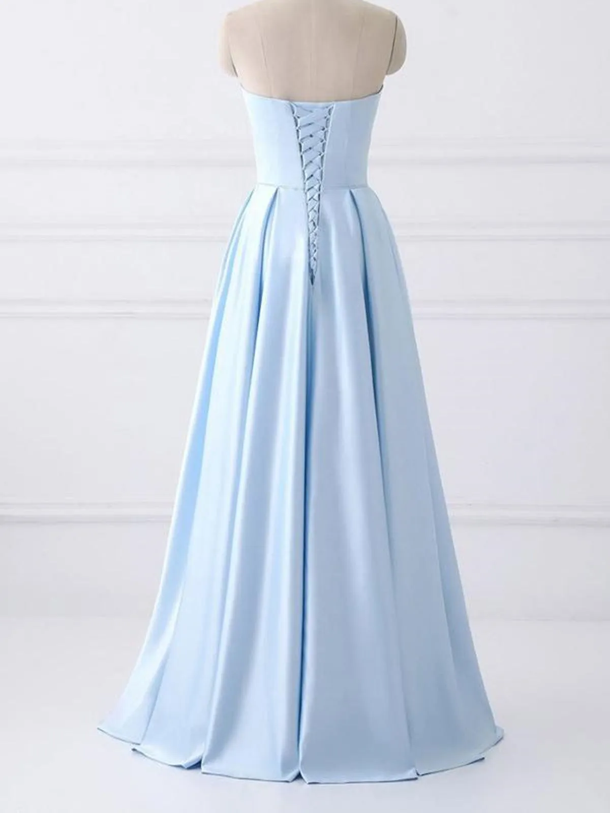 Blue  A-line Strapless Simple Long Prom Dresses with rhinestones pockets , Blue Strapless formal evening dresses