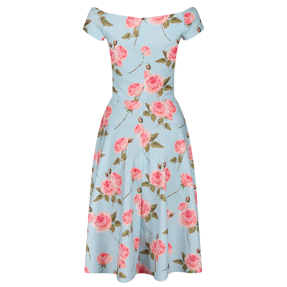 Blue and Pink Floral Cap Sleeve V Neck Swing Dress