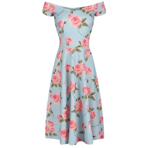 Blue and Pink Floral Cap Sleeve V Neck Swing Dress