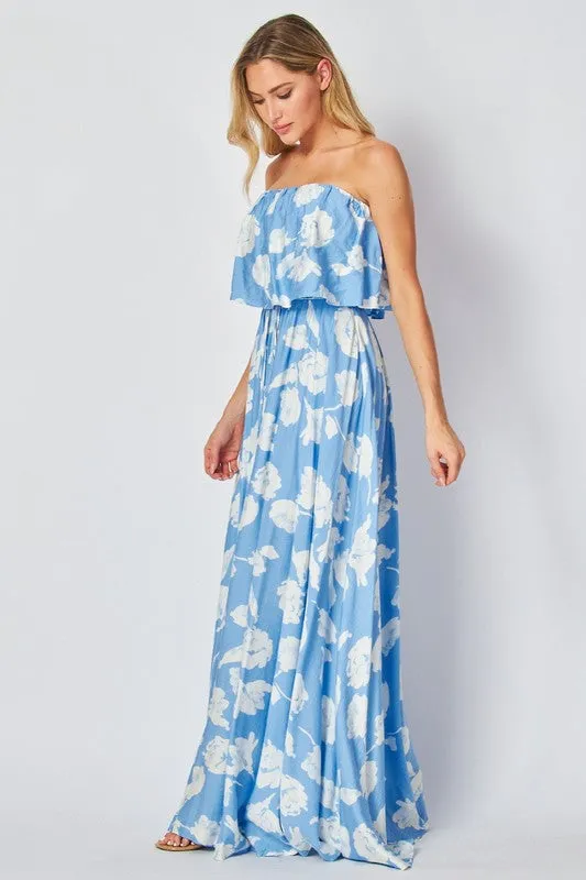 Blue And White Floral Printed Strapless Maxi Dress