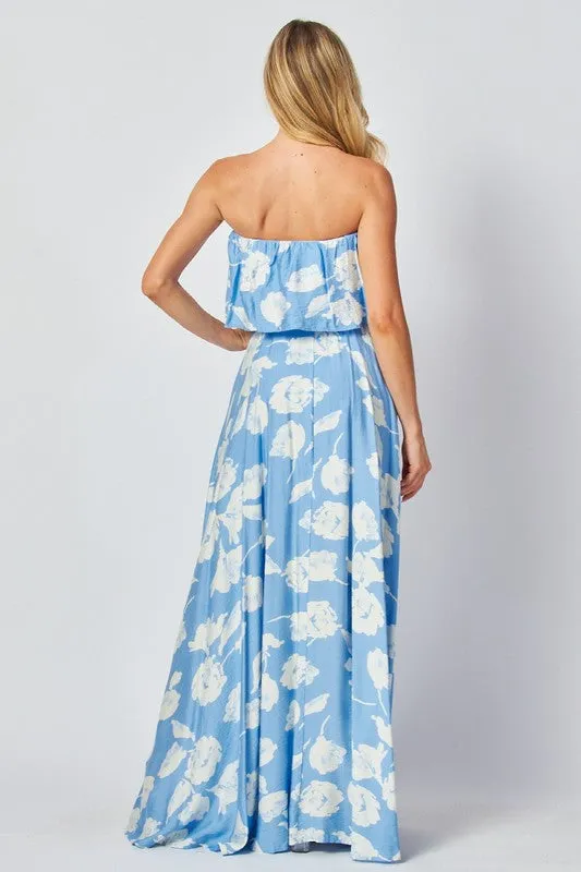 Blue And White Floral Printed Strapless Maxi Dress