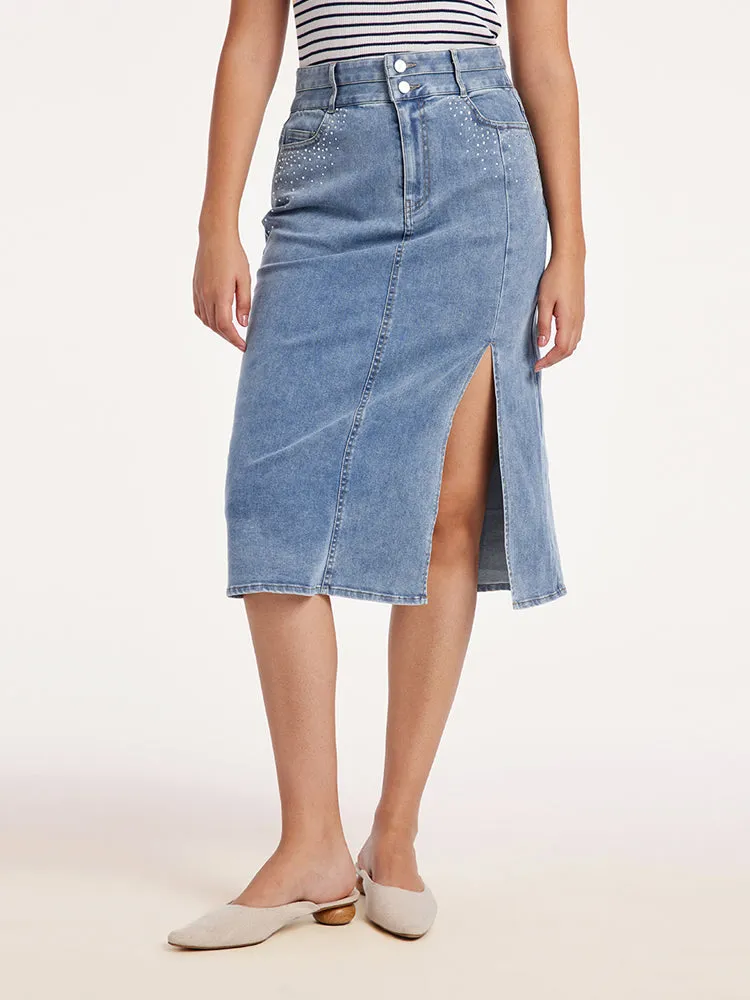 Blue High Waist Slit Midi Denim Skirt