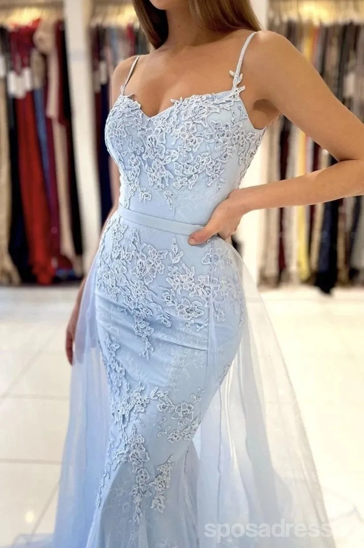 Blue Lace Mermaid Spaghetti Straps V-neck Long Prom Dresses Online,12665