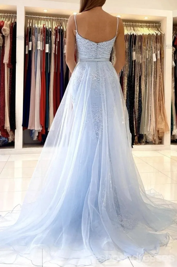 Blue Lace Mermaid Spaghetti Straps V-neck Long Prom Dresses Online,12665