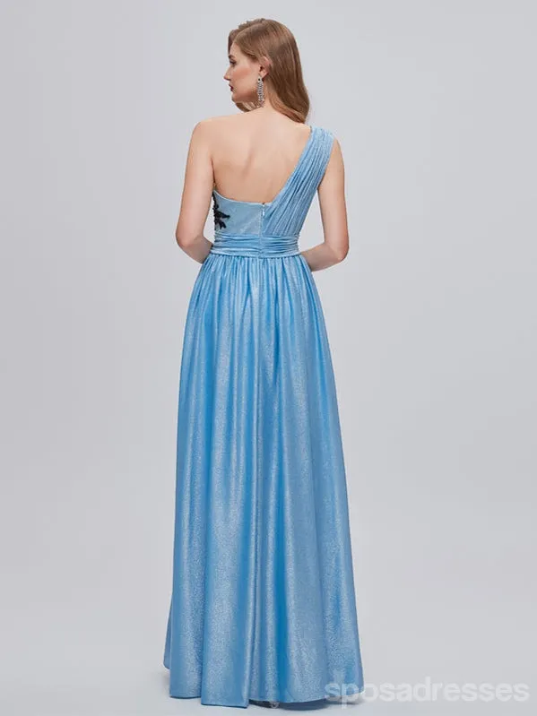 Blue One Shoulder A-line High Slit Cheap Long Prom Dresses Online,12991