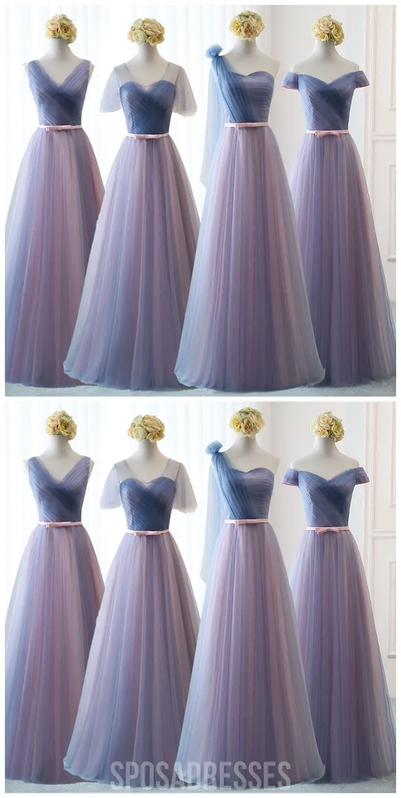 Blue Pink Tulle Floor Length Mismatched Cheap Bridesmaid Dresses Online, WG539