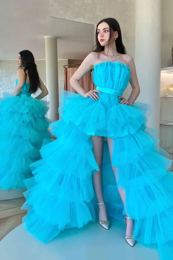 Blue Tulle High Low Prom Dresses, Blue Tulle High Low Long Formal Evening Dresses