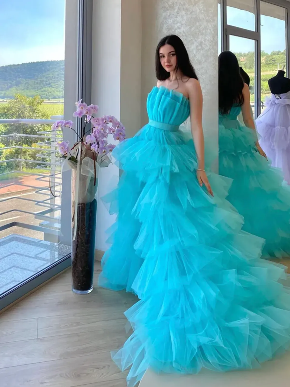 Blue Tulle High Low Prom Dresses, Blue Tulle High Low Long Formal Evening Dresses