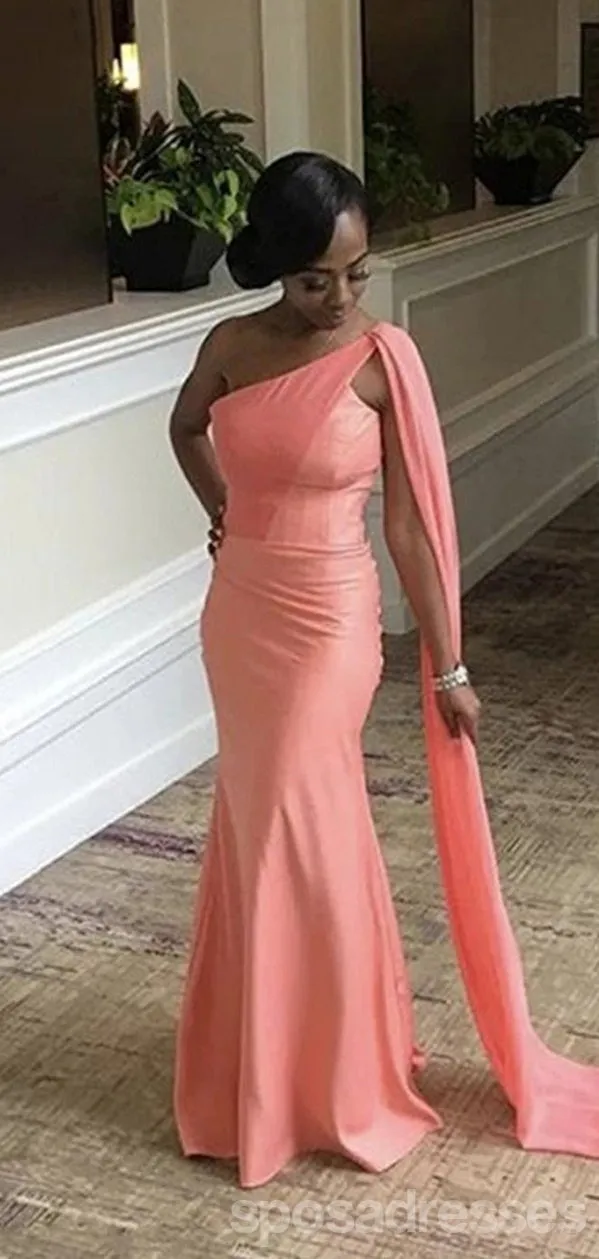 Bodycon Mermaid Peach One Shoulder Long Bridesmaid Dresses Gown,  WG1046