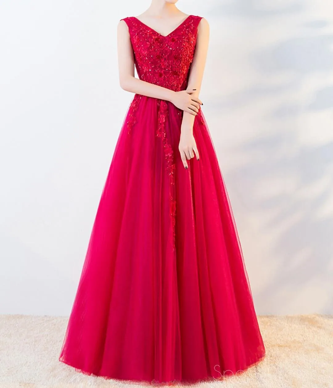 Bright Red A-line V-neck Lace Cheap Long Evening Prom Dresses, Evening Party Prom Dresses, 18647