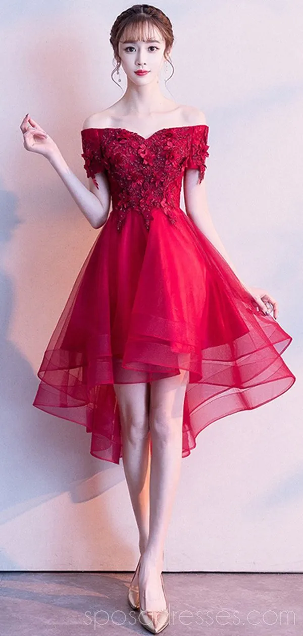 Bright Red Off Shoulder High Low Cheap Homecoming Dresses Online, Cheap Short Prom Dresses, CM783