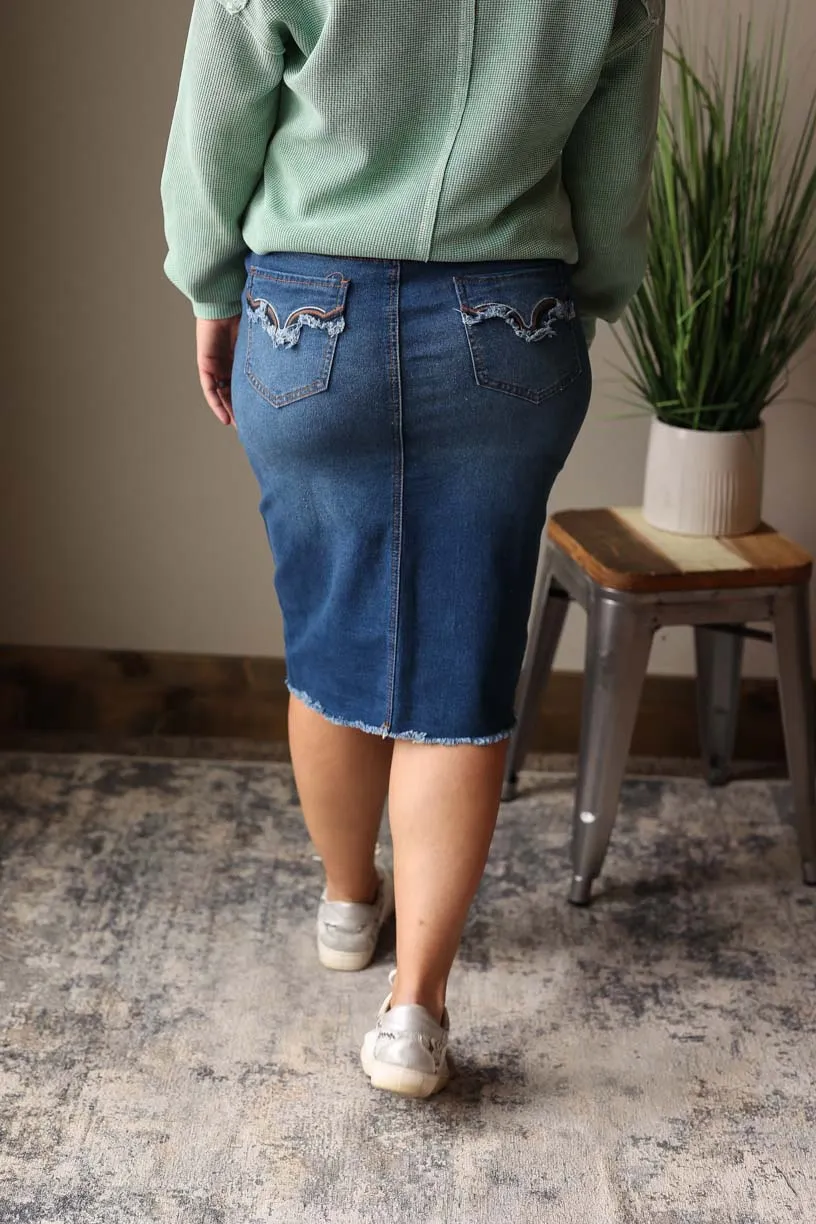 Brown Fray Stitching Pencil Denim Skirt