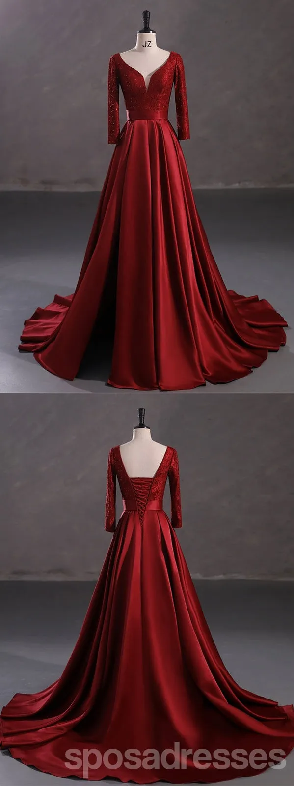 Burgundy A-line High Slit Long Sleeves Cheap Prom Dresses Online,13056