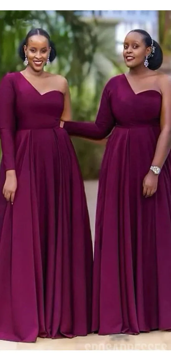 Burgundy A-line One Shoulder Long Sleeve Cheap Long Bridesmaid Dresses Gown Online, WG1009