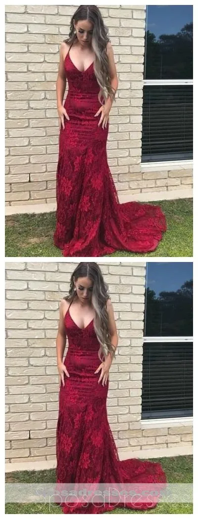 Burgundy Lace Mermaid Long Evening Prom Dresses, Cheap Sweet 16 Dresses, 18313