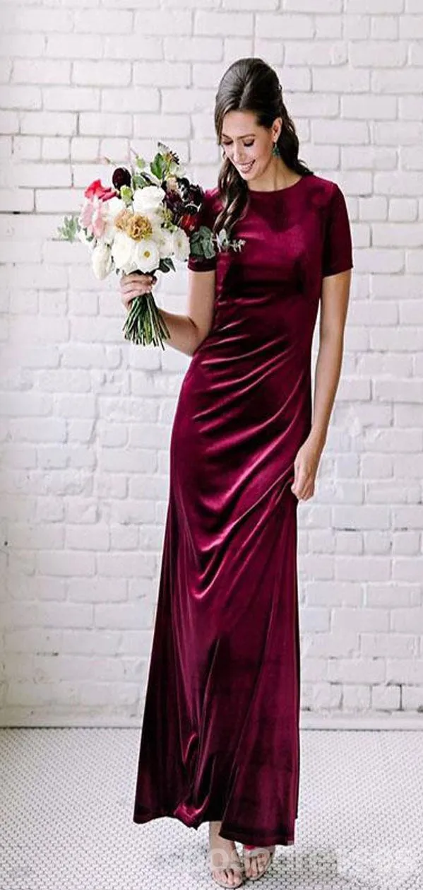 Burgundy Mermaid Short Sleeves Open Back Long Bridesmaid Dresses Online, WG1149