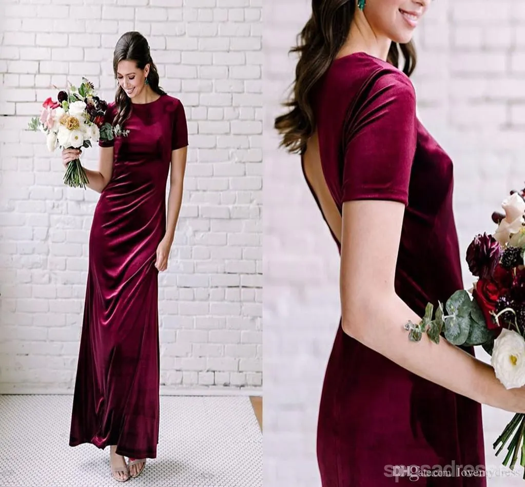 Burgundy Mermaid Short Sleeves Open Back Long Bridesmaid Dresses Online, WG1149