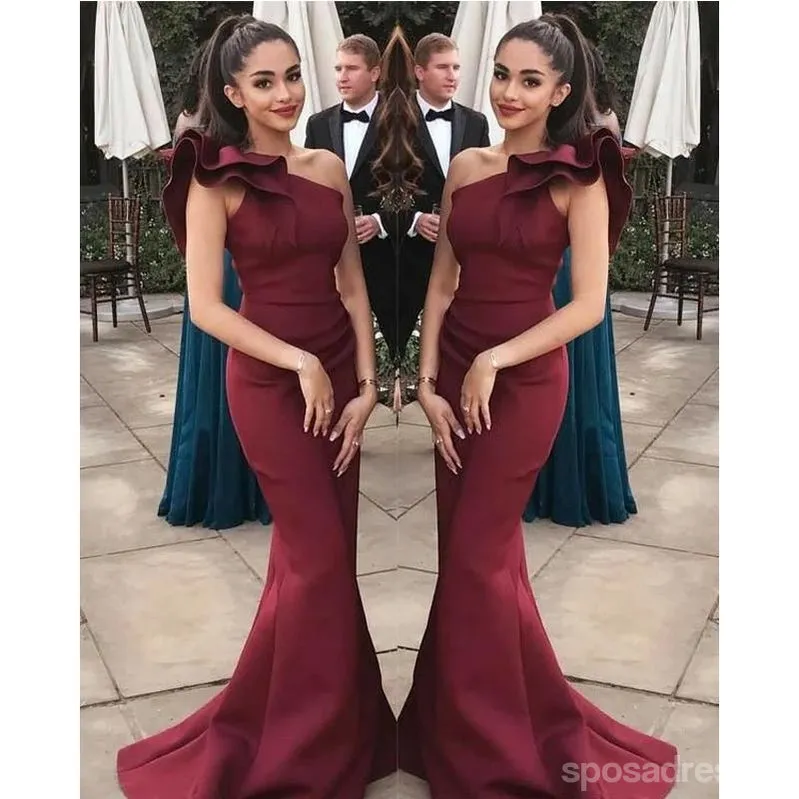 Burgundy One Shoulder Sexy Mermaid Long Bridesmaid Dresses Gown Online,WG1089