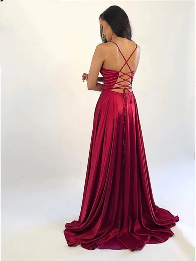 Burgundy V Neck Long Prom Dresses, Wine Red V Neck Long Formal Graduation Dresses