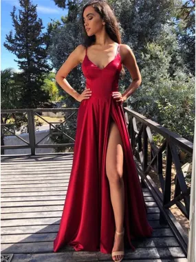 Burgundy V Neck Long Prom Dresses, Wine Red V Neck Long Formal Graduation Dresses