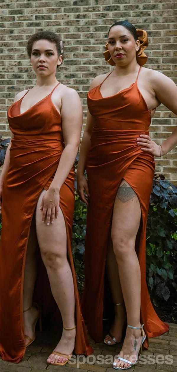 Burnt Orange Mermaid Halter High Slit Cheap Long Bridesmaid Dresses,WG1300