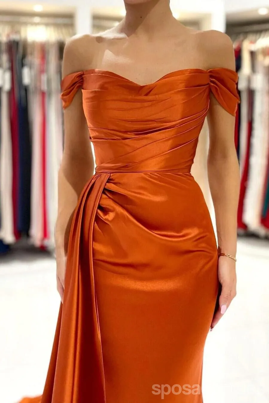 Burnt Orange Mermaid Off Shoulder High Slit Cheap Bridesmaid Dresses,WG1273