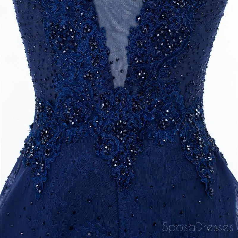 Cap Sleeve Navy Blue See Through A line Lace Beaded Long Evening Prom Dresses, Popular Cheap Long 2018 Party Prom Dresses, 17229