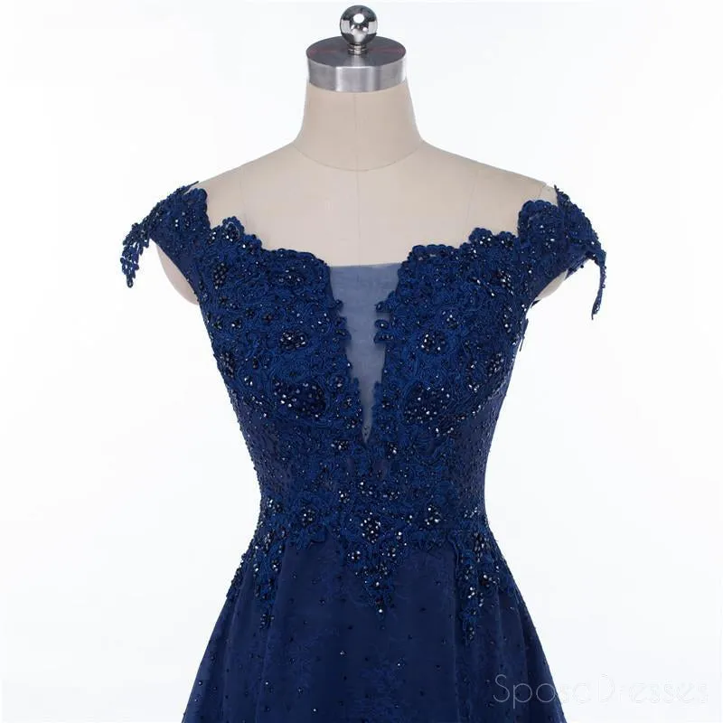 Cap Sleeve Navy Blue See Through A line Lace Beaded Long Evening Prom Dresses, Popular Cheap Long 2018 Party Prom Dresses, 17229