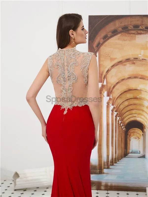 Cap Sleeves Red Beaded Mermaid See Through Evening Prom Dresses, Evening Party Prom Dresses, 12087