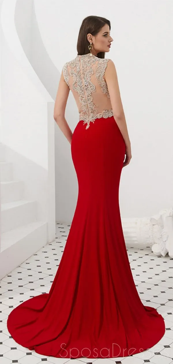 Cap Sleeves Red Beaded Mermaid See Through Evening Prom Dresses, Evening Party Prom Dresses, 12087