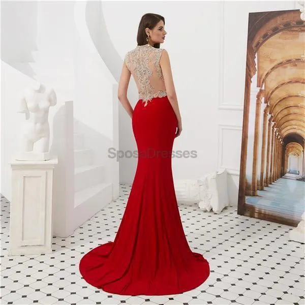 Cap Sleeves Red Beaded Mermaid See Through Evening Prom Dresses, Evening Party Prom Dresses, 12087