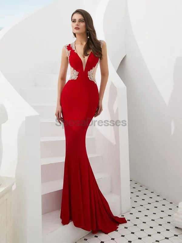 Cap Sleeves Red Beaded Mermaid See Through Evening Prom Dresses, Evening Party Prom Dresses, 12087