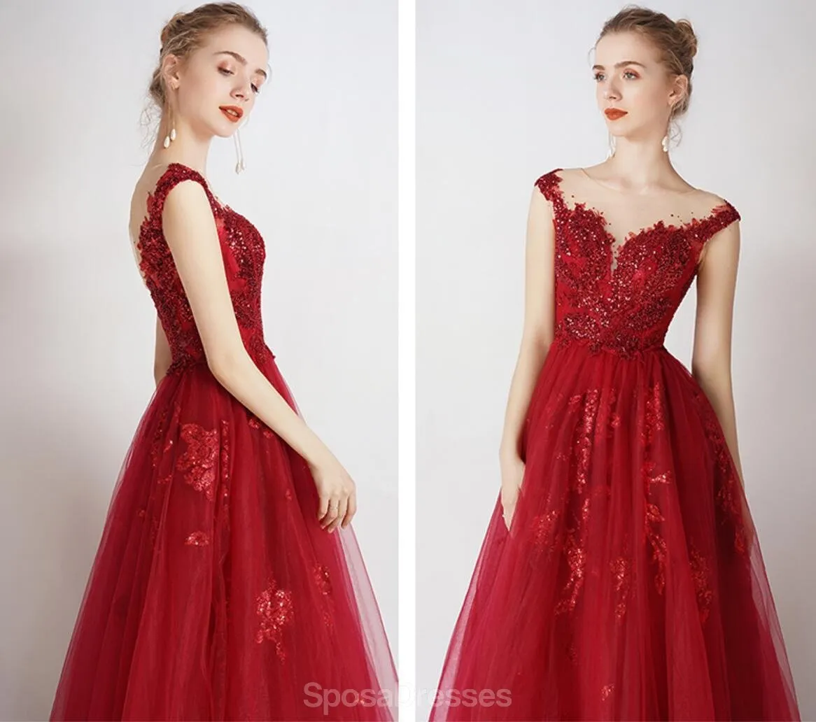 Cap Sleeves Red Beaded Sequin A-line Long Evening Prom Dresses, Evening Party Prom Dresses, 12326