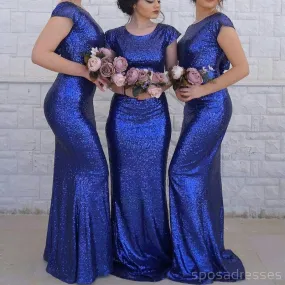 Cap Sleeves Royal Blue Mermaid Cheap Long Bridesmaid Dresses Online, WG252