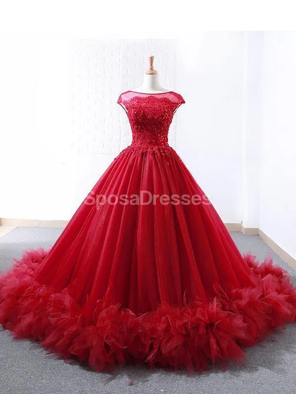 Cap Sleeves Ruffles Red Ball Gown Evening Prom Dresses, Evening Party Prom Dresses, 12265