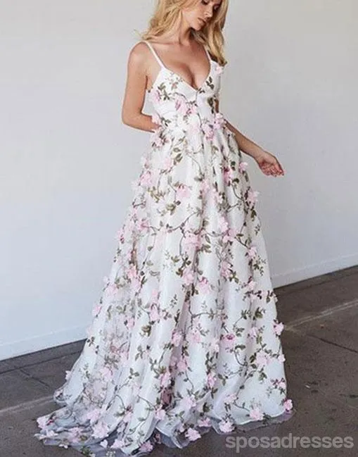 Casual A line Handmade Flower Long Evening Prom Dresses,  Cheap Long Prom Dresses, 17252